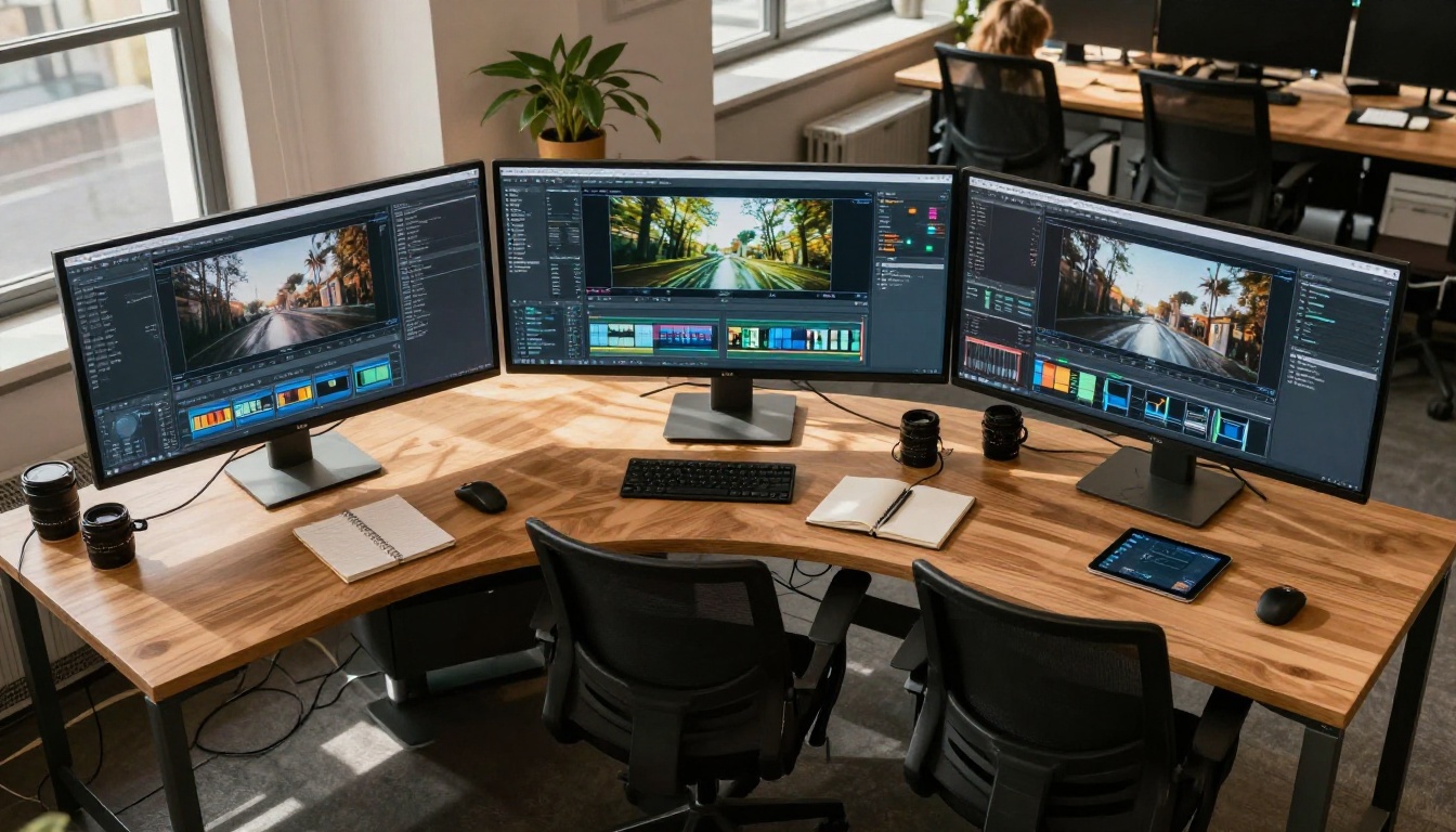 Aerial overhead view of creative agency workspace with three editors at curved desks with large AI video monitors