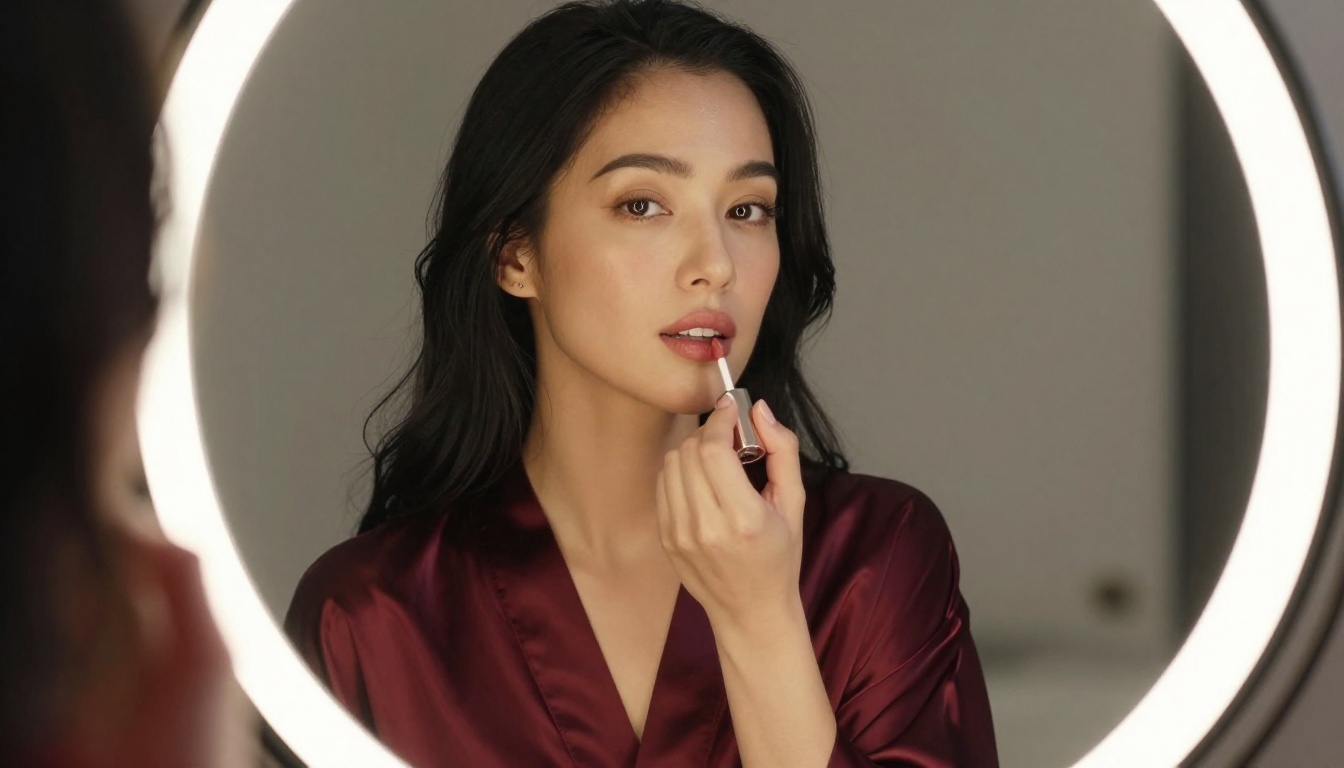 Woman at a vanity mirror applying lip gloss, Hollywood lighting, silk robe