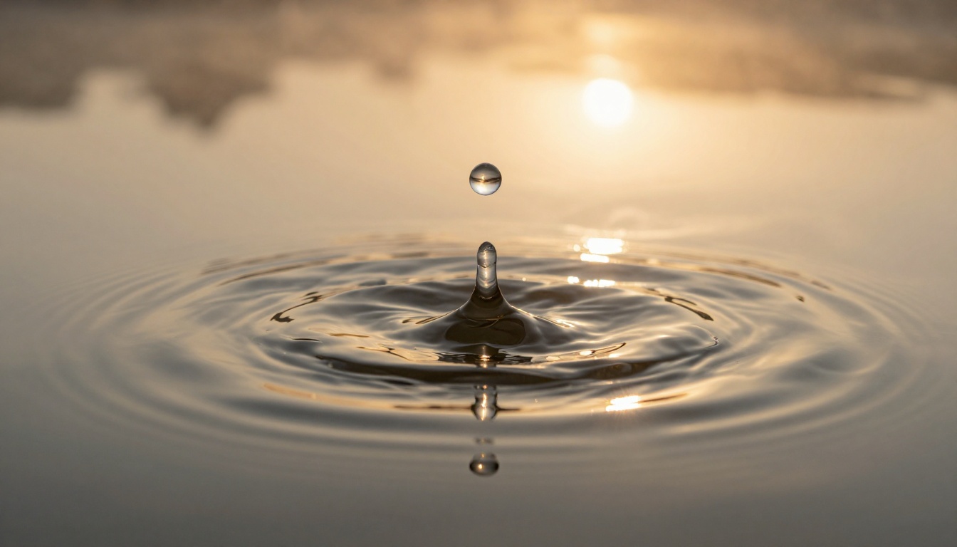 Close-up of pond surface at dawn with perfectly circular ripple rings radiating from a single water drop impact