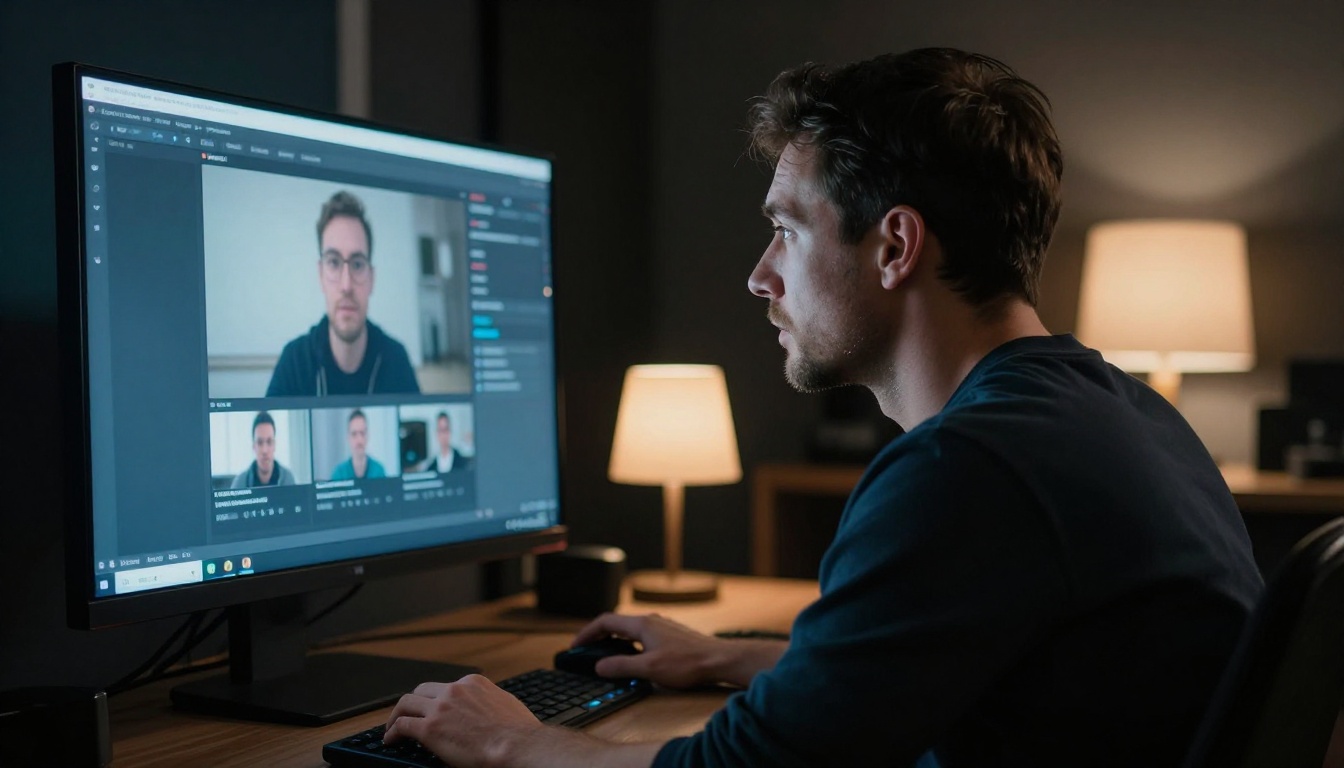 Creative professional watching AI video on large studio monitor