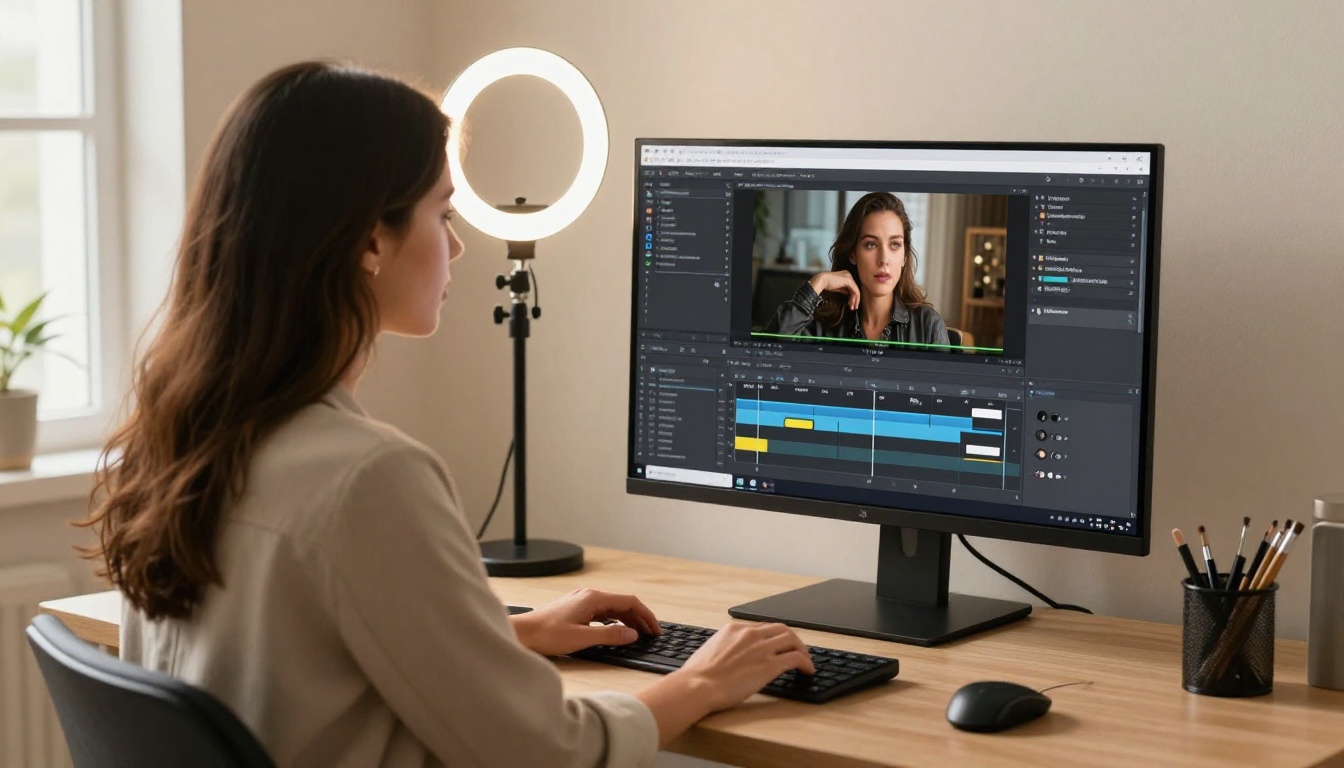 Professional female content creator at a minimalist home studio desk with AI video interface on monitor