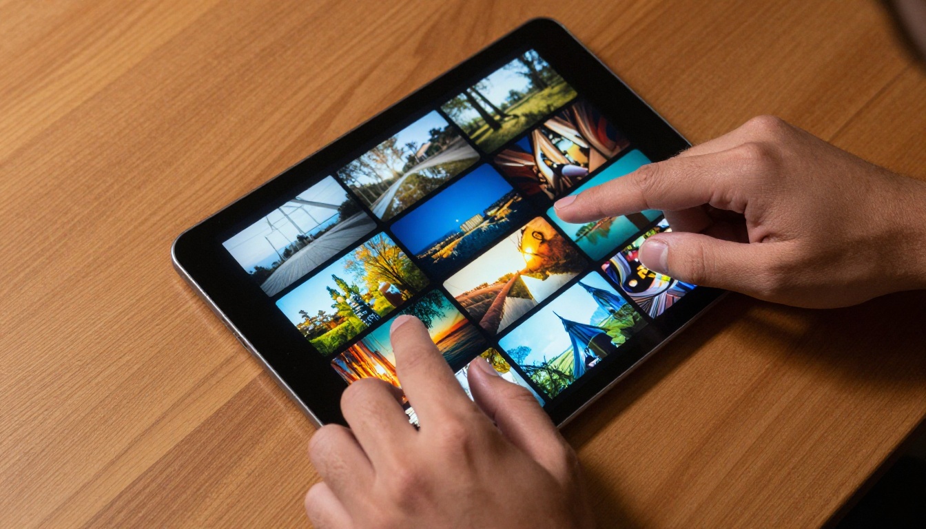 Overhead close-up of hands scrolling through AI video thumbnails on tablet