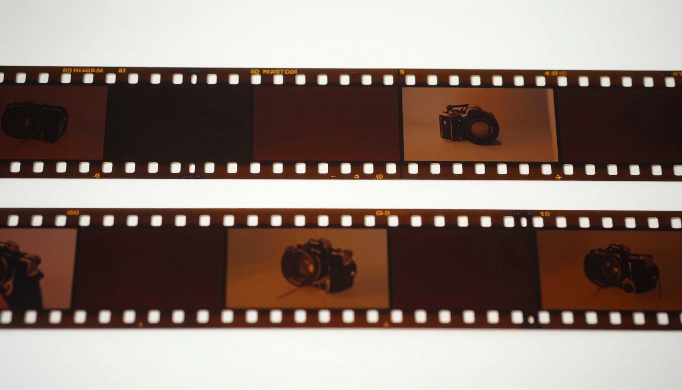 35mm analog film strip on a light table showing continuous motion frames with matching first and last frames at both ends