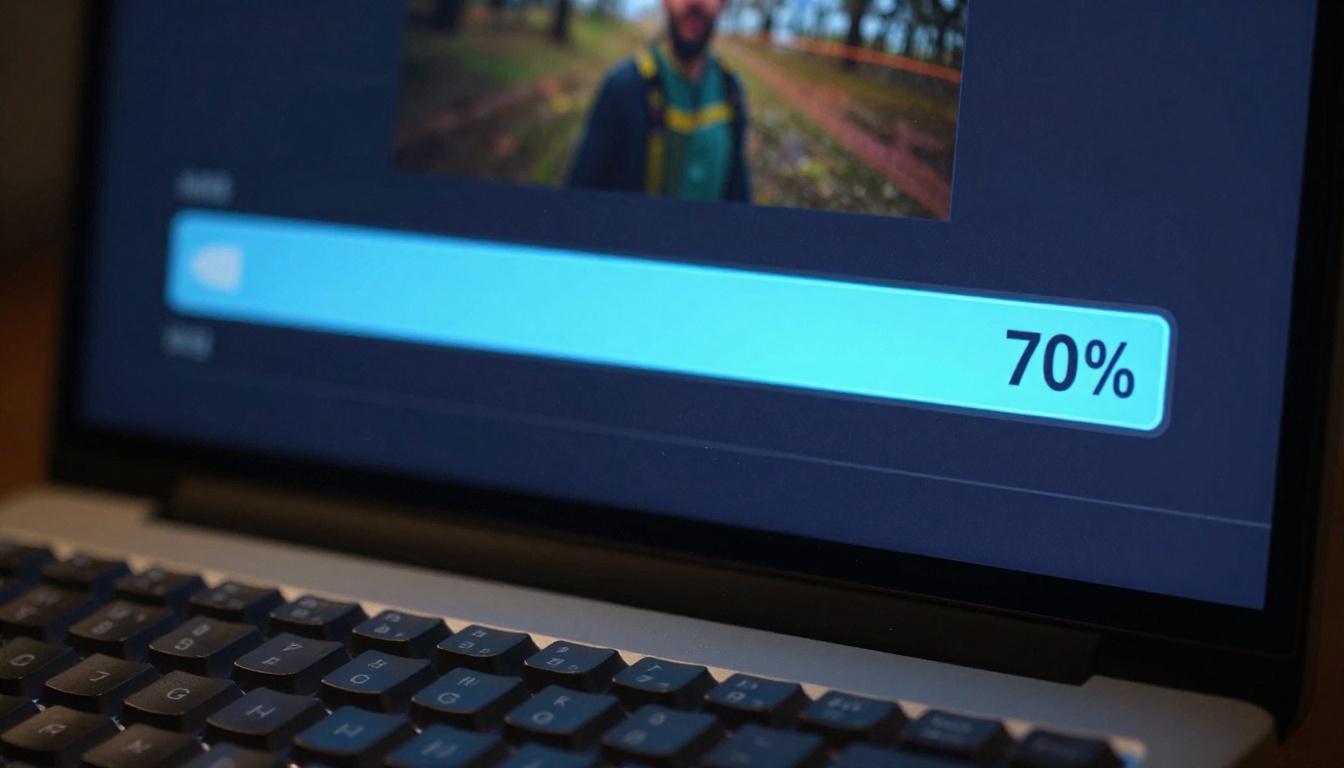 Close-up of video generation progress bar on monitor with keyboard foreground