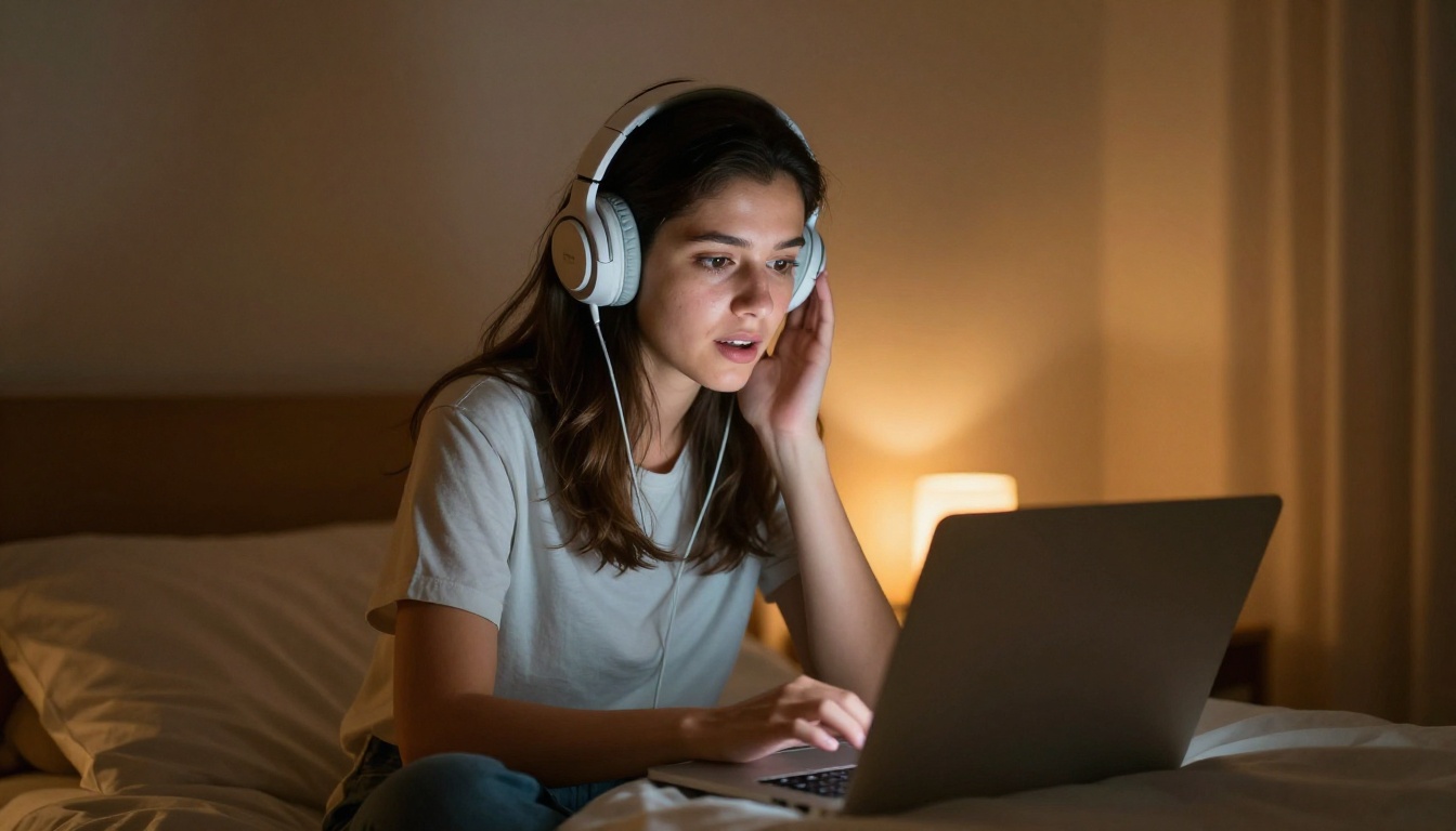 Young woman with headphones watching AI video on laptop in cozy bedroom