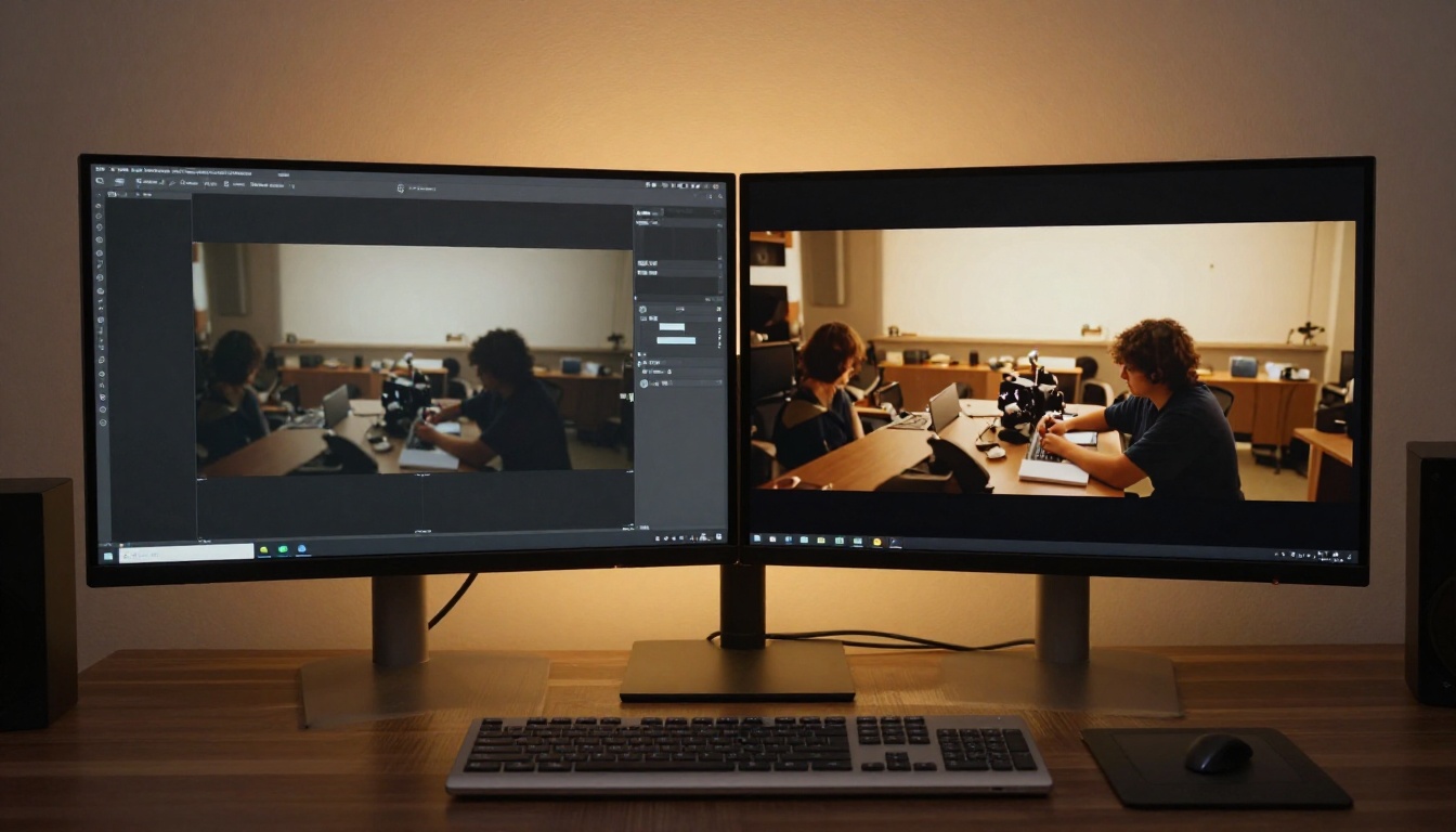 Studio monitor showing side-by-side video quality comparison