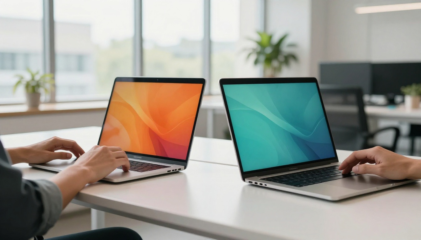 Two laptops side by side with AI video content on screens in bright coworking space