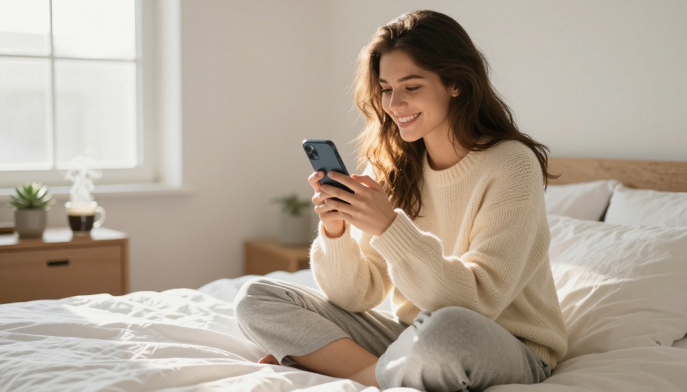 A woman smiling at her phone with warm morning light, engaged in a joyful AI conversation