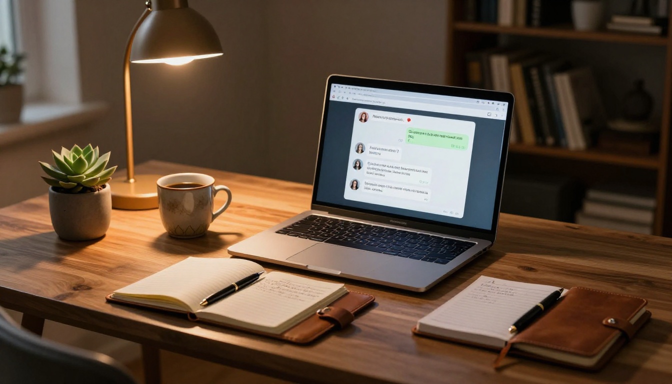 A laptop on a wooden desk showing a romantic chat interface, warm tungsten lamp, handwritten notes beside it