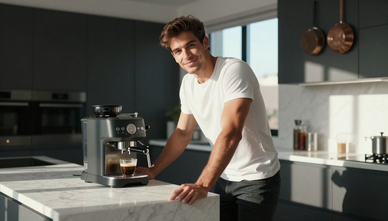An attractive man in a modern kitchen making coffee, natural morning light rim-lighting his silhouette, Kodak Portra 400