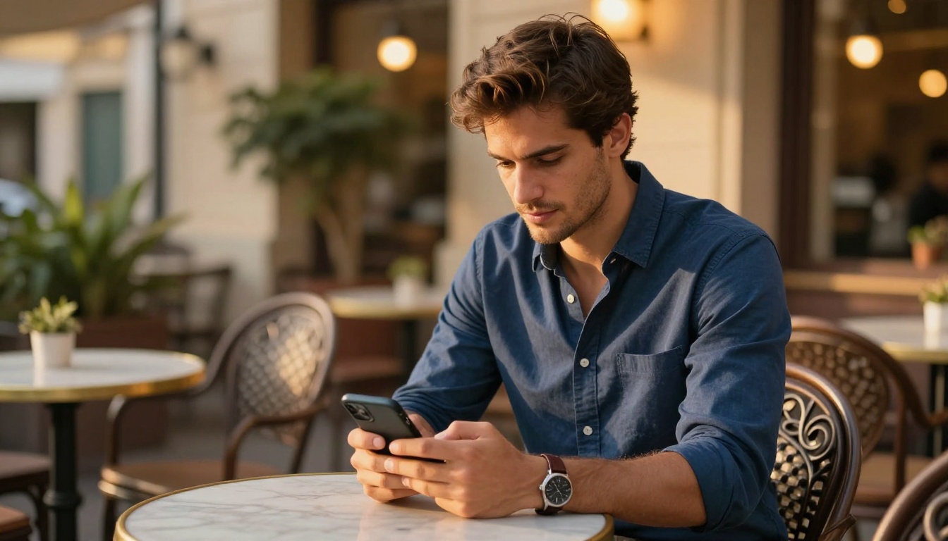 A handsome man at an outdoor café in golden afternoon light, typing on his phone with a relaxed focused expression