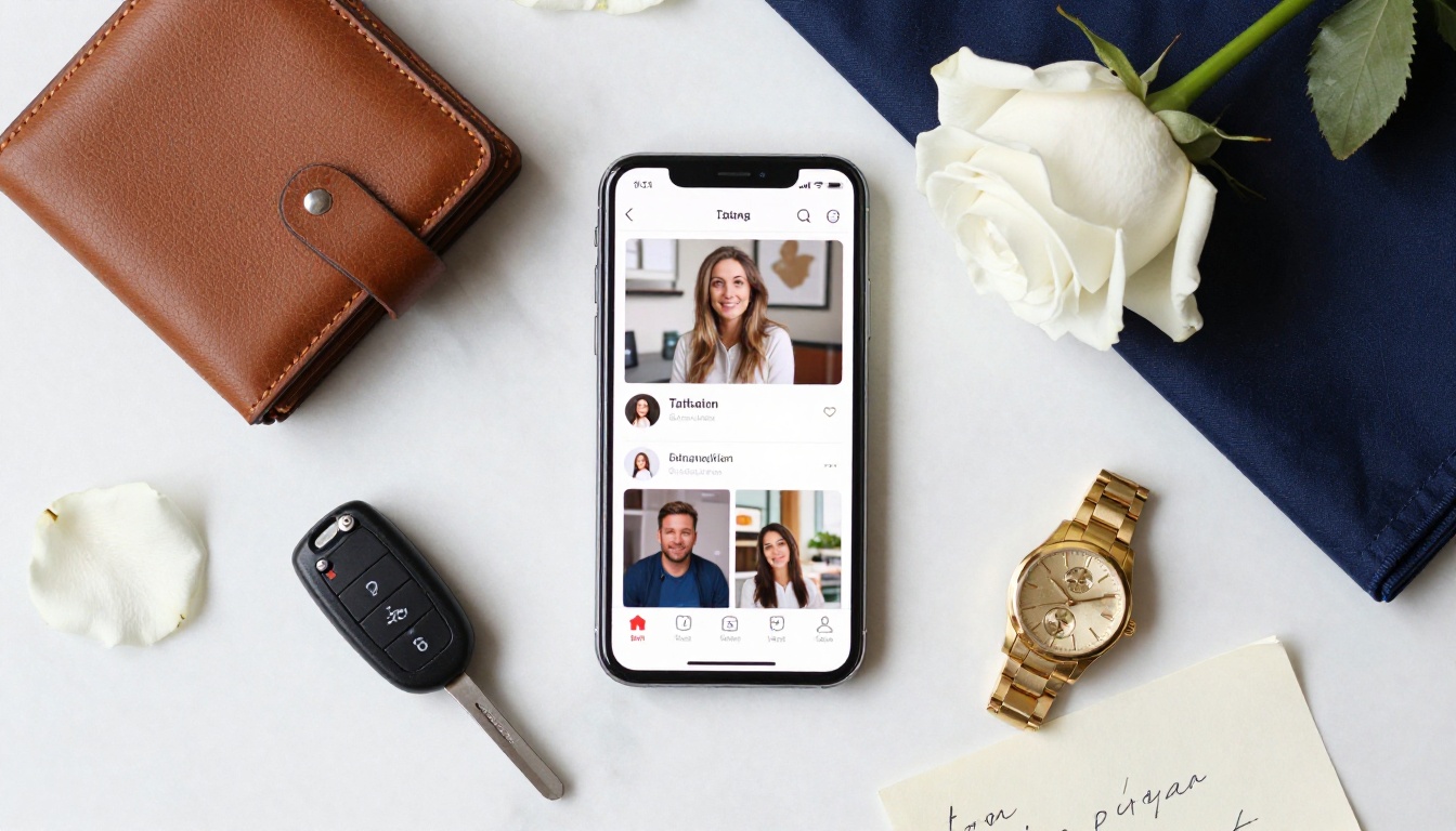 A flat-lay of personal items on white marble with a smartphone showing a chat interface, single white rose petal, leather watch