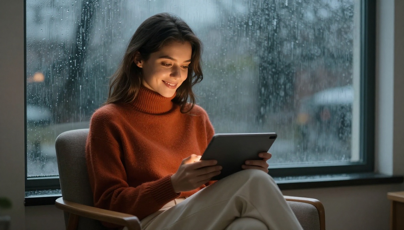 An attractive woman in a cashmere turtleneck sitting by a rain-streaked window, absorbed in a conversation on her tablet