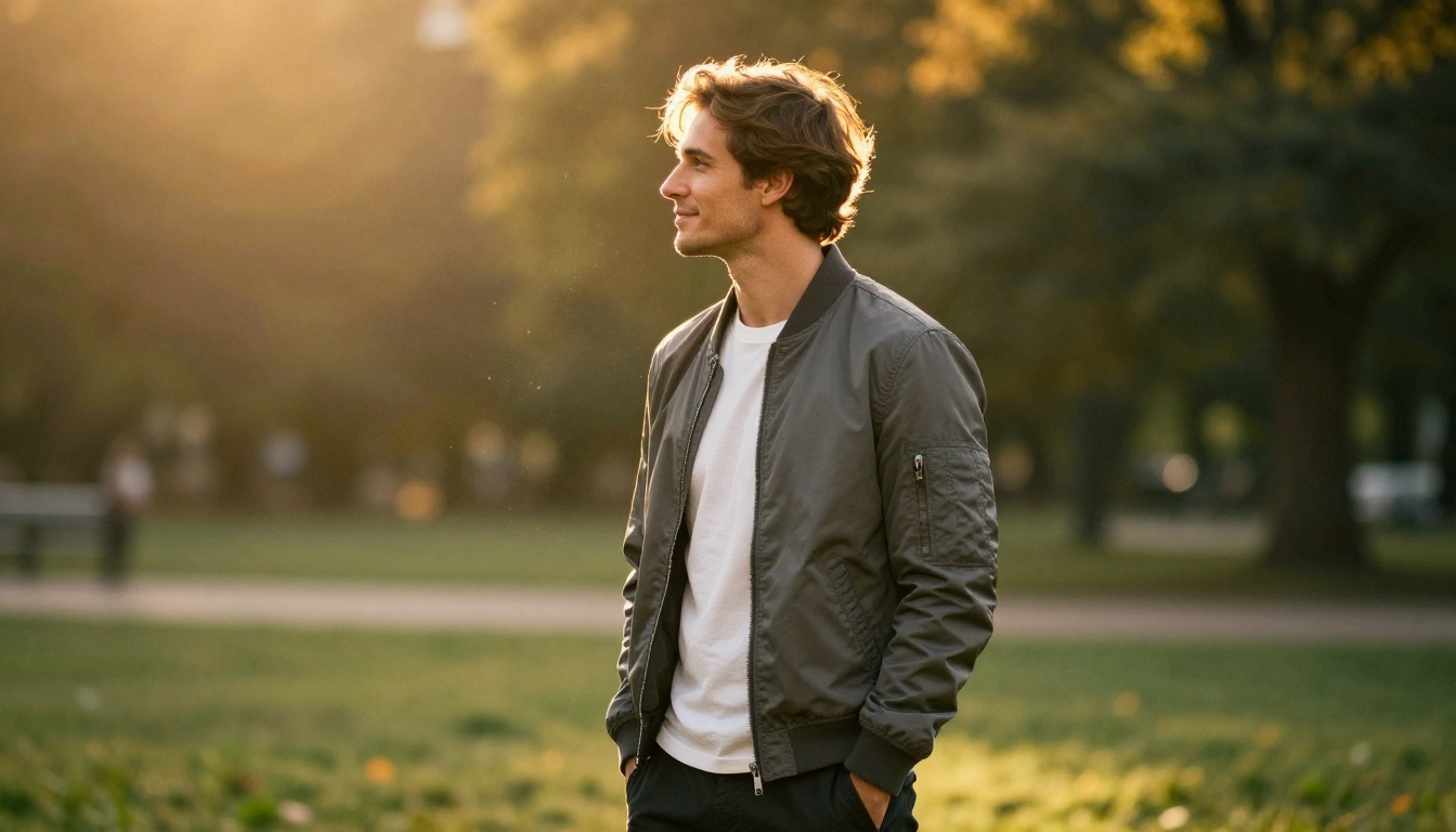 A handsome man in a bomber jacket photographed in side profile at golden hour, park background blurred into warm bokeh
