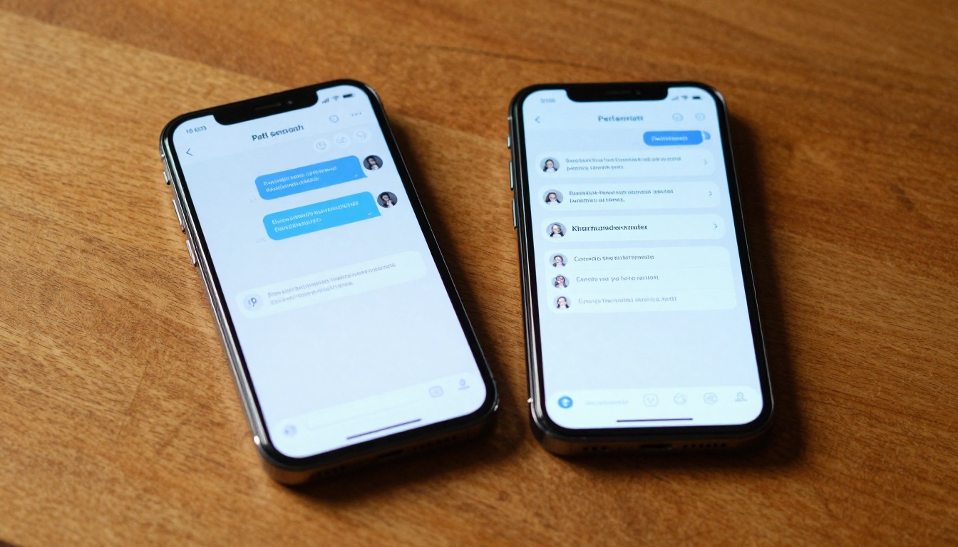 Two smartphones side by side, one showing a romantic AI chat, the other a personality customization interface, on warm wooden surface