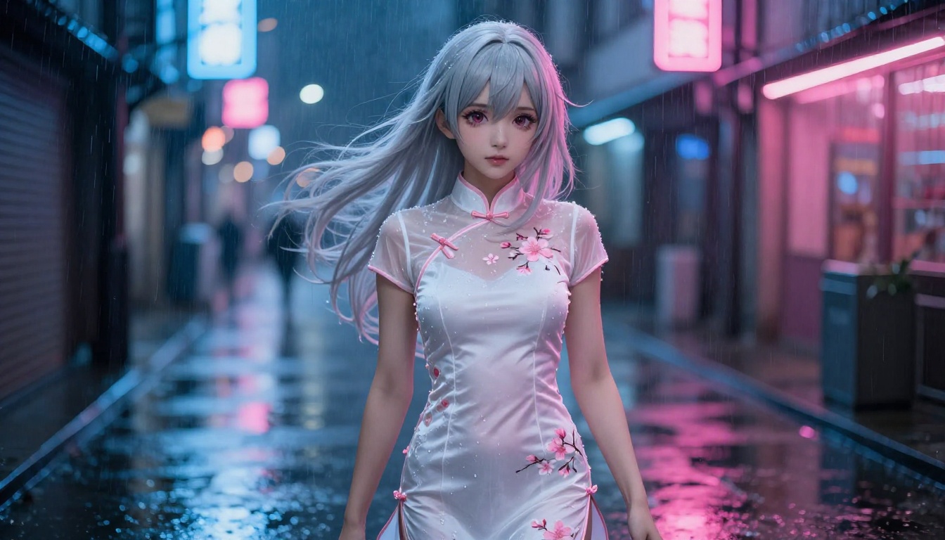 Anime character in rain-soaked urban alley Anime character in rain-soaked urban alley