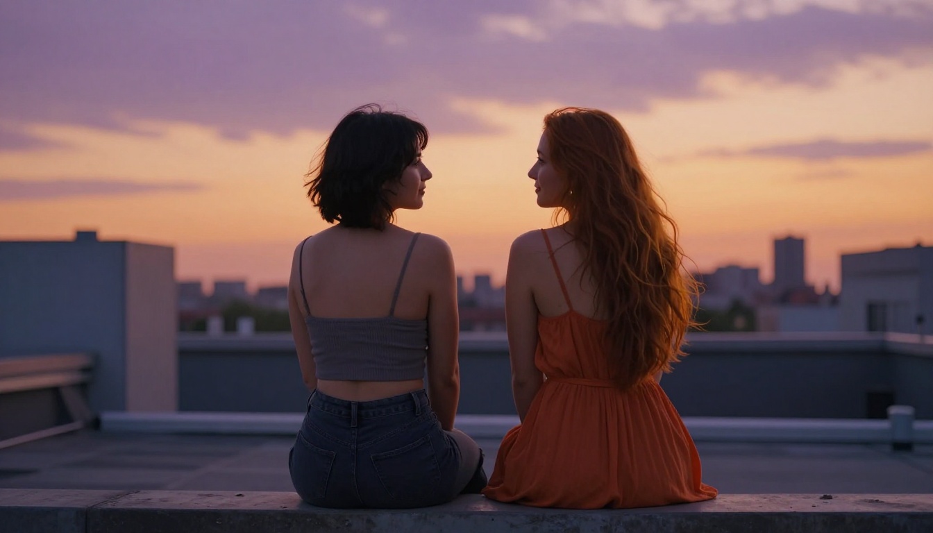 Rooftop sunset scene with two characters Rooftop sunset scene with two characters