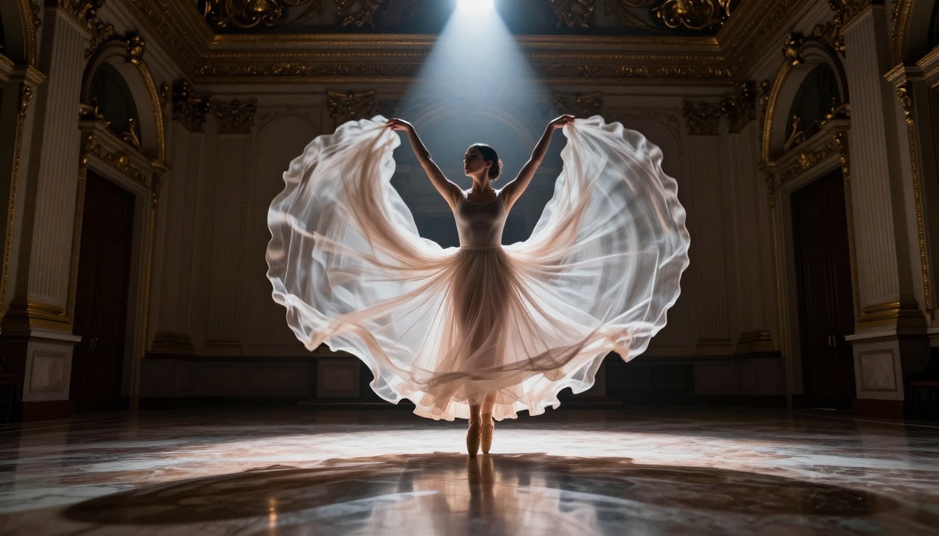 Dancer mid-spin in baroque hall with spotlight Dancer mid-spin in baroque hall with spotlight