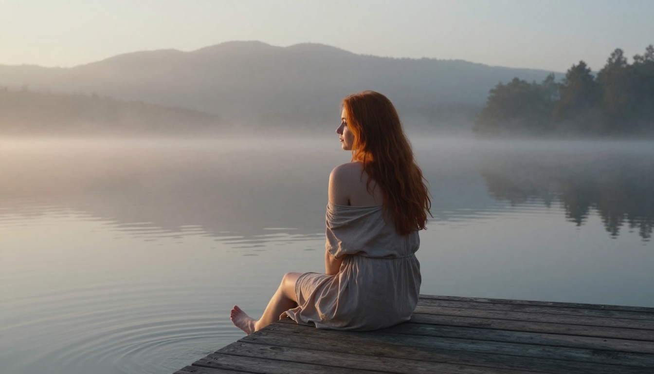 Woman on misty lake dock at dawn Woman on misty lake dock at dawn