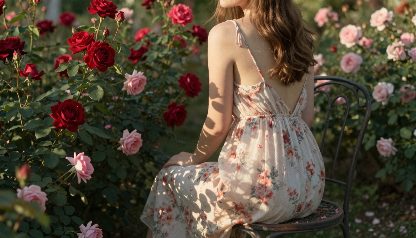 Woman in summer dress in blooming rose garden Woman in summer dress in blooming rose garden