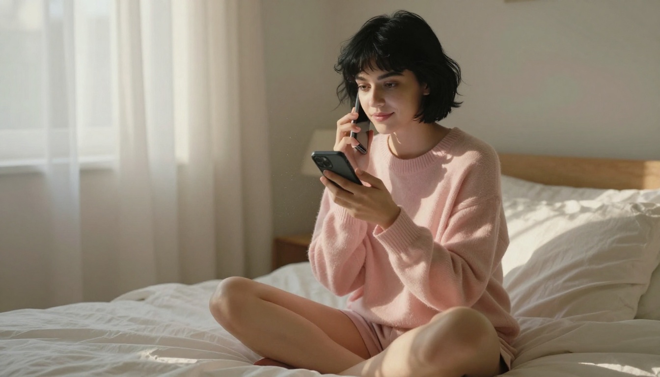 Woman sitting on bed speaking on phone with a mischievous smile Woman sitting on bed speaking on phone with a mischievous smile