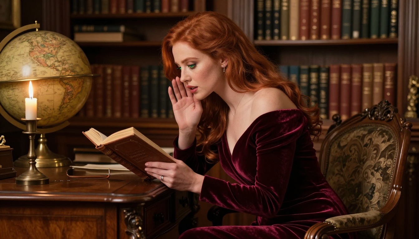 Elegant red-haired woman whispering in a candlelit study Elegant red-haired woman whispering in a candlelit study