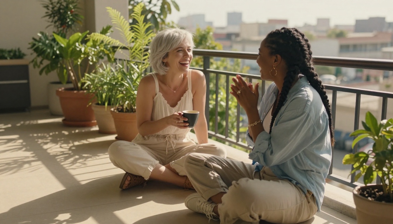 Two women in animated conversation on a sunlit balcony Two women in animated conversation on a sunlit balcony