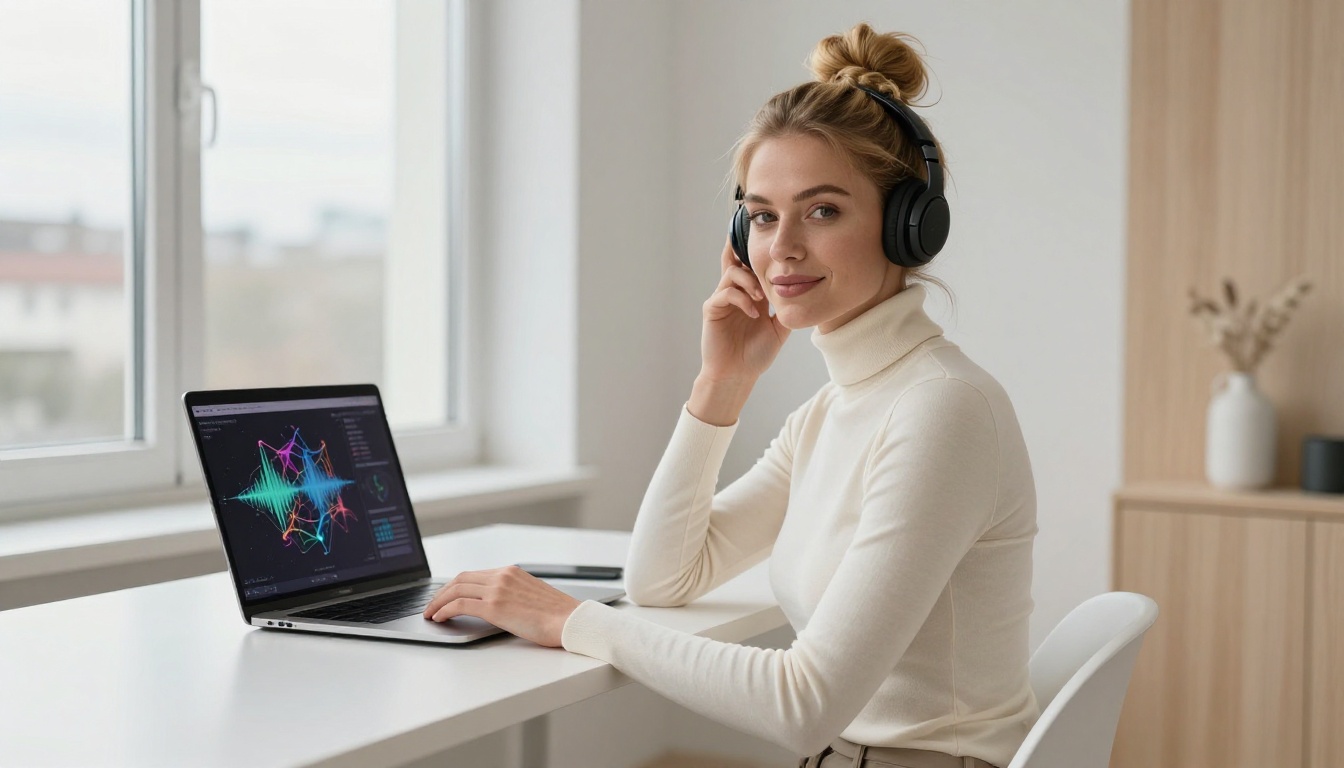 Woman with honey-blonde hair looking at neural network visualization on laptop Woman with honey-blonde hair looking at neural network visualization on laptop