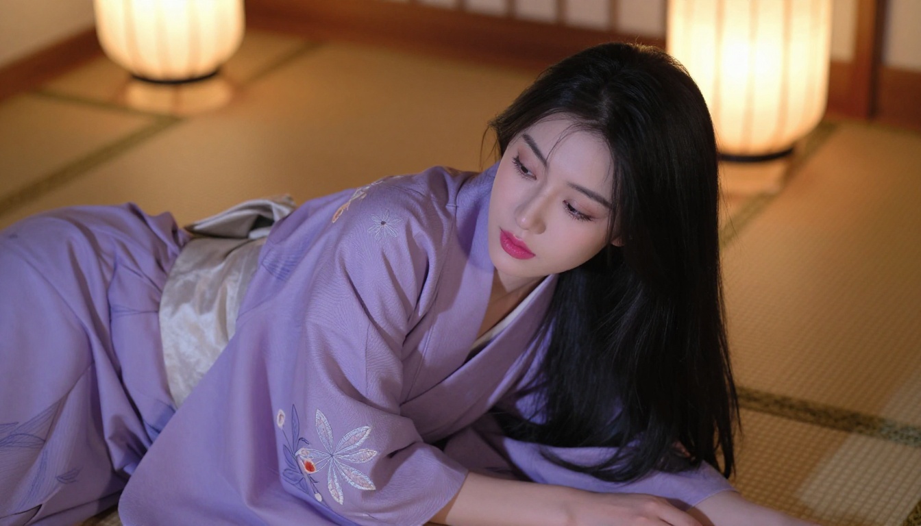 Beautiful woman in lavender kimono reclining against cream silk cushions Beautiful woman in lavender kimono reclining against cream silk cushions