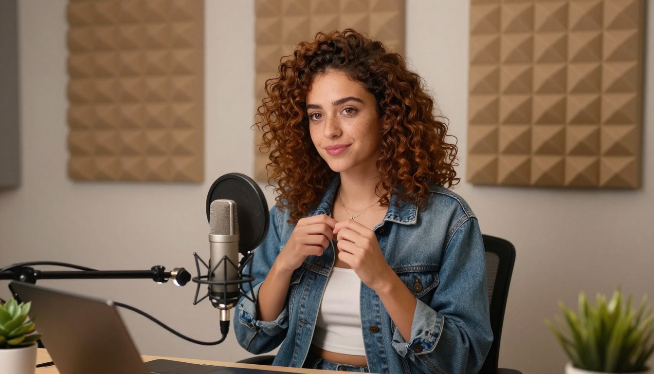 Curly-haired woman adjusting microphone at a home studio setup Curly-haired woman adjusting microphone at a home studio setup