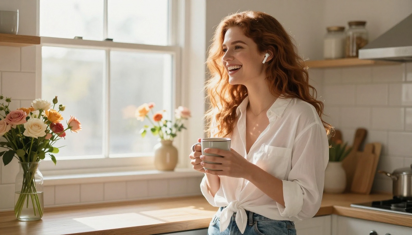 Woman with auburn hair laughing in a sunlit kitchen Woman with auburn hair laughing in a sunlit kitchen