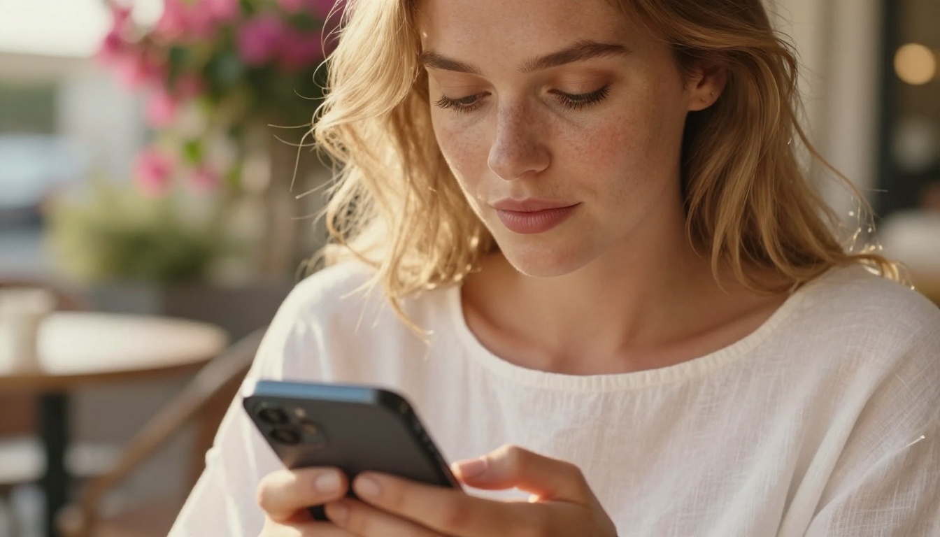 A beautiful woman with soft blonde waves holds a smartphone close to her chest at a sun-drenched café terrace, bougainvillea blurred behind her