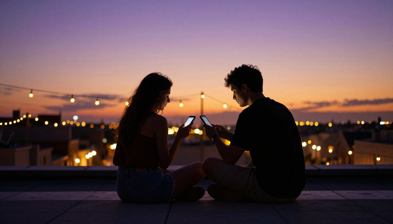 Romantic couple silhouette on rooftop at dusk