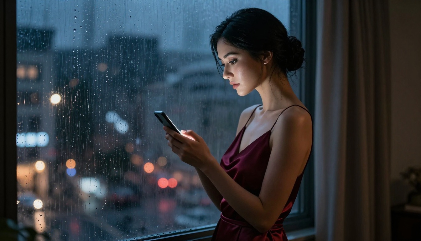 A sophisticated woman in a deep burgundy satin slip dress stands by a rain-streaked window, her profile illuminated by the soft blue-white glow of her phone screen