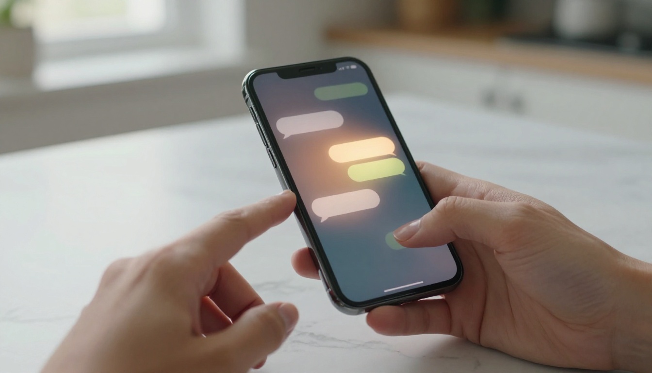 Two elegant hands with natural manicured nails hold a glowing smartphone on a textured white marble surface, soft morning window light falling from the left