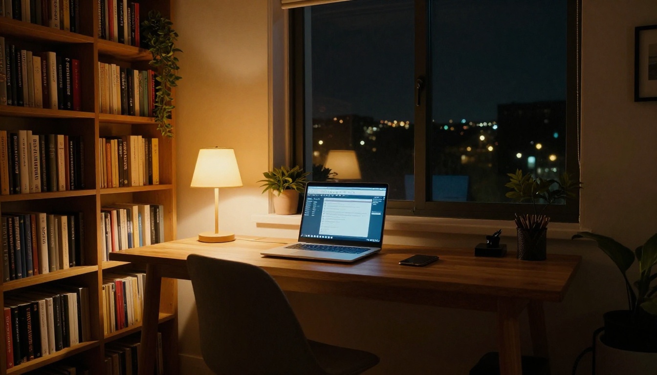 A warm golden desk lamp illuminates a glowing laptop on a wooden desk surrounded by bookshelves and small plants, distant city lights twinkling through a large dark window
