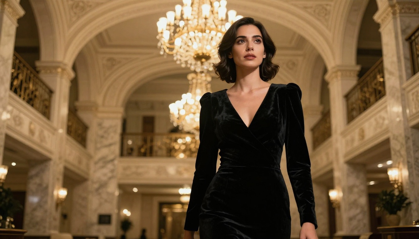 Low angle portrait of woman in elegant black velvet evening gown under warm chandelier light Low angle portrait of woman in elegant black velvet evening gown under warm chandelier light