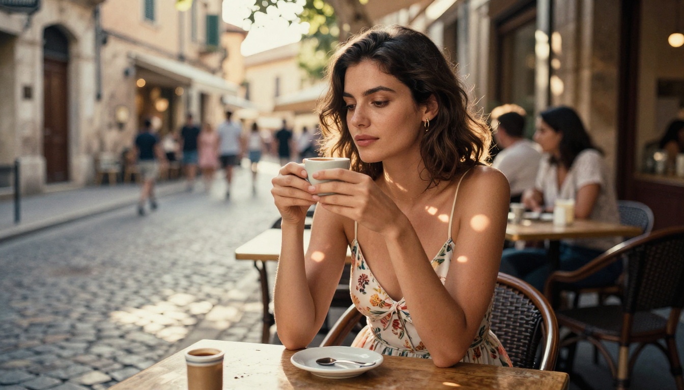 Woman sitting at outdoor European café table with espresso, dappled golden afternoon light Woman sitting at outdoor European café table with espresso, dappled golden afternoon light