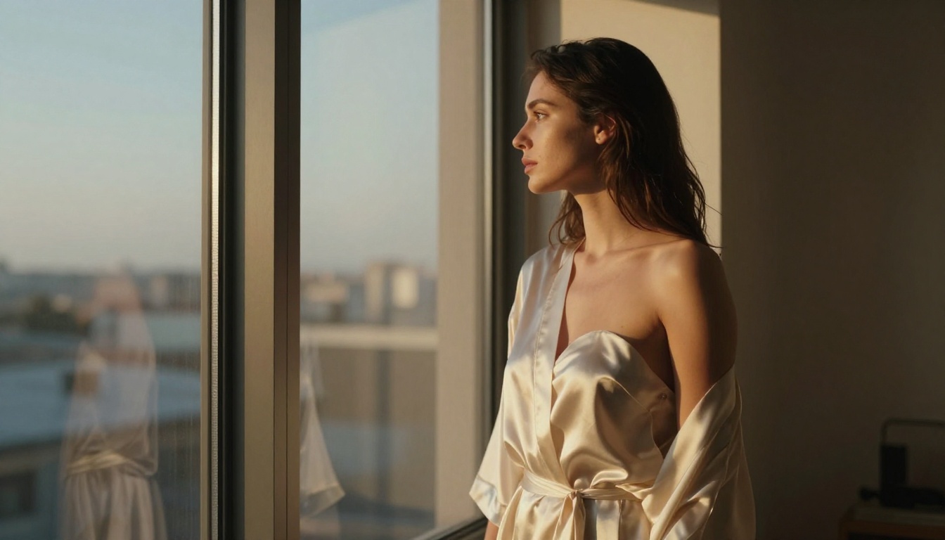 Woman in cream silk robe by floor-to-ceiling window, city skyline visible, dramatic natural side lighting Woman in cream silk robe by floor-to-ceiling window, city skyline visible, dramatic natural side lighting