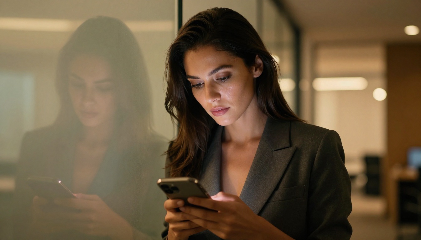 Woman whispering into phone in luxury apartment