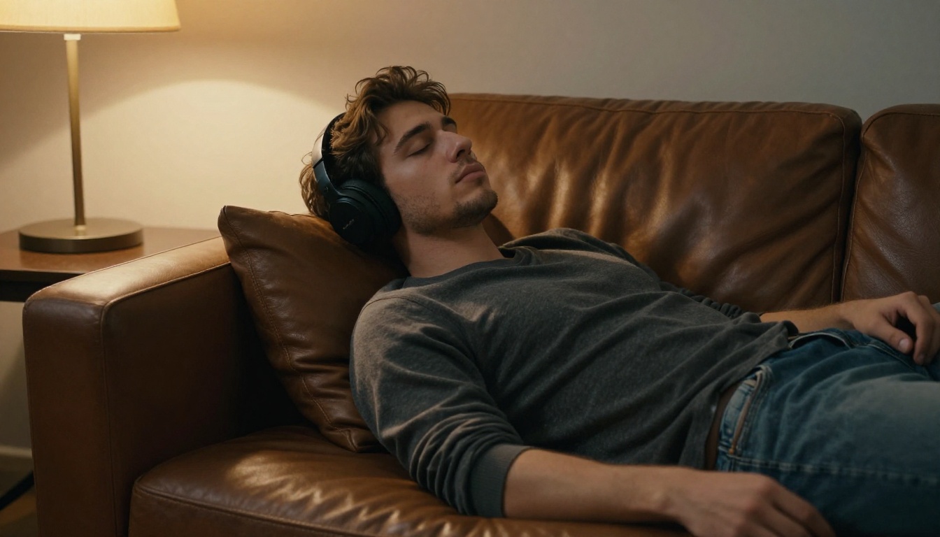 Man on leather sofa with over-ear headphones, warm amber lamp light