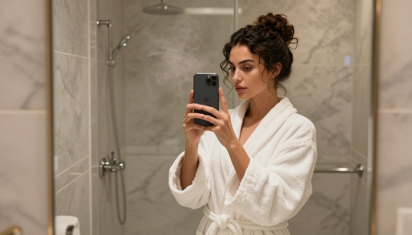 Woman in bathroom robe at mirror with phone, warm steamy atmosphere
