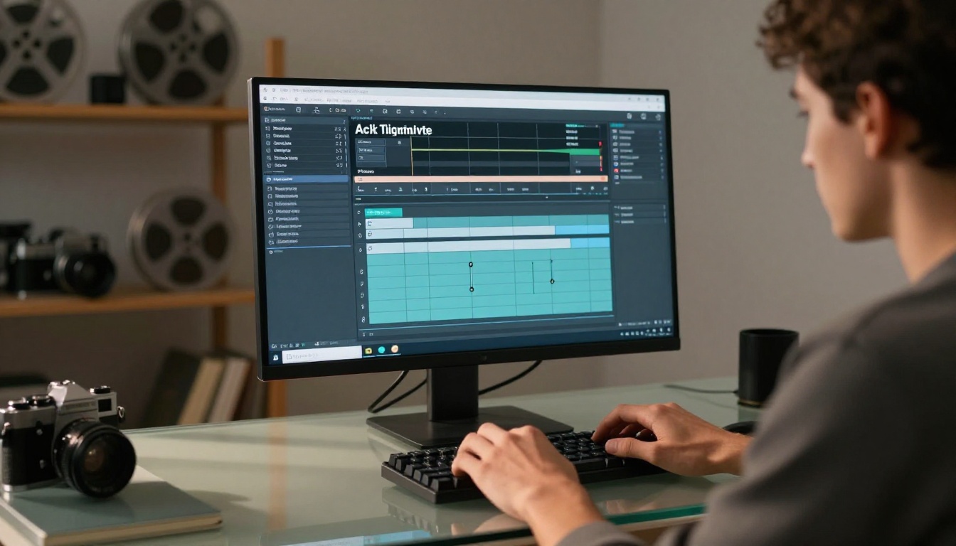 Filmmaker using AI video generation tools at a workstation