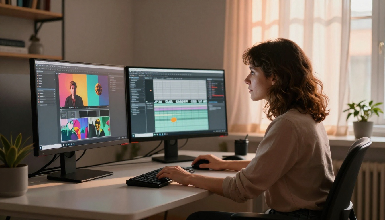 Creative professional reviewing AI video outputs on dual monitors