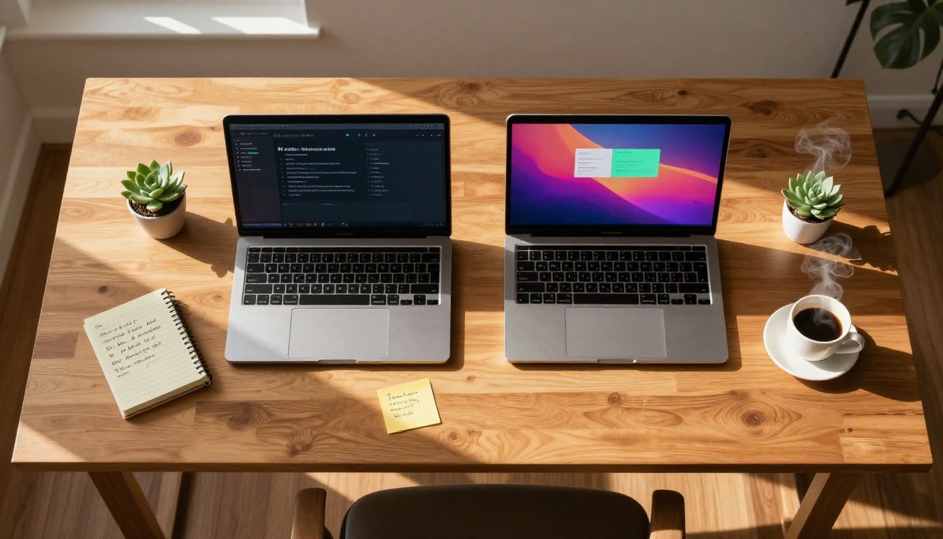 Top-down view of two laptops showing different AI video generation interfaces