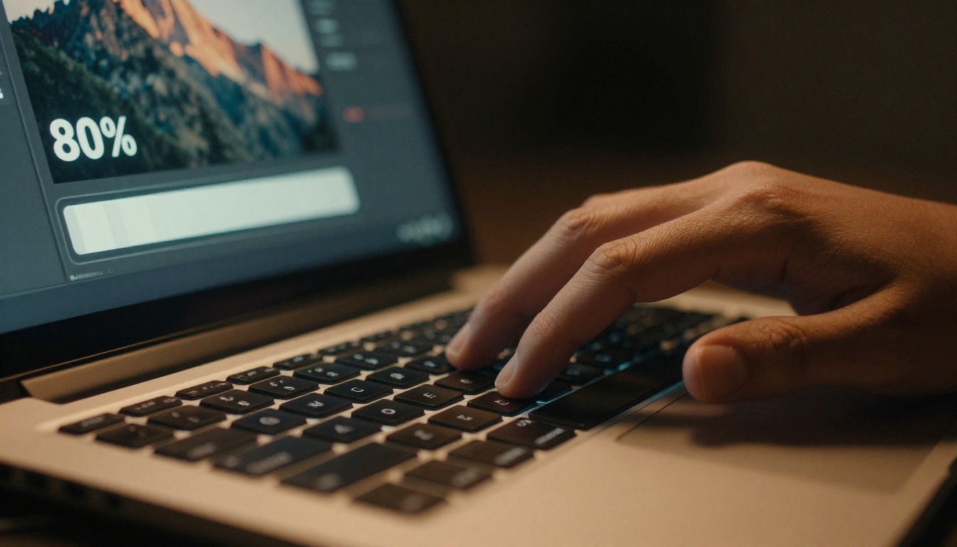Close-up of hands writing a prompt on a glowing keyboard for AI video generation