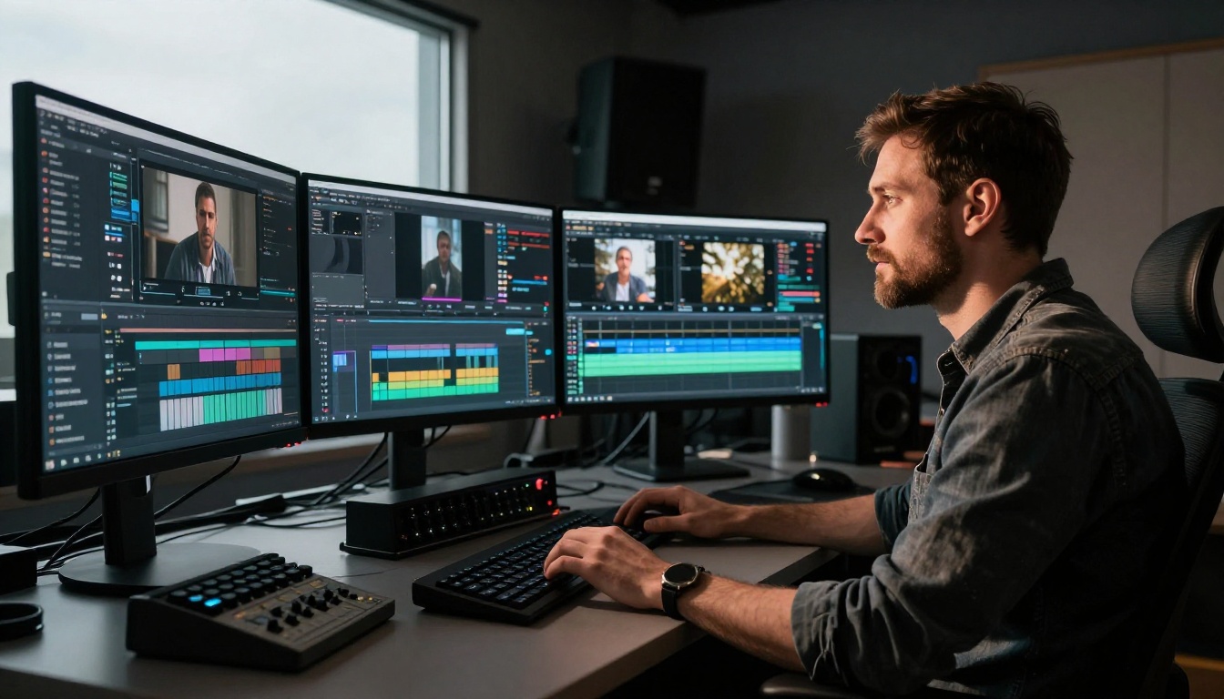 Video editor working at a professional multi-monitor post-production workstation