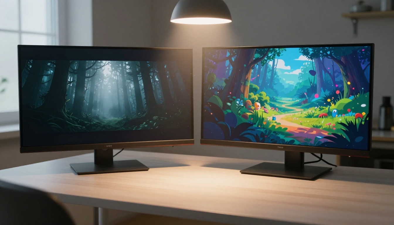 Two monitors side by side showing different visual styles of AI-generated video content