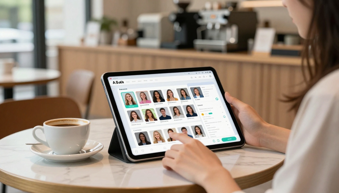 Young woman using AI video generation on a tablet in a modern cafe environment