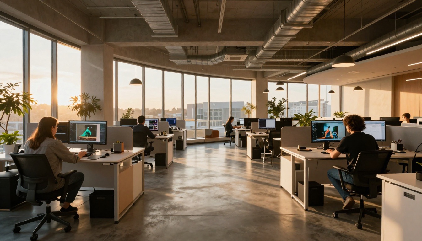 Open-plan creative studio with multiple professionals using AI video tools at golden hour